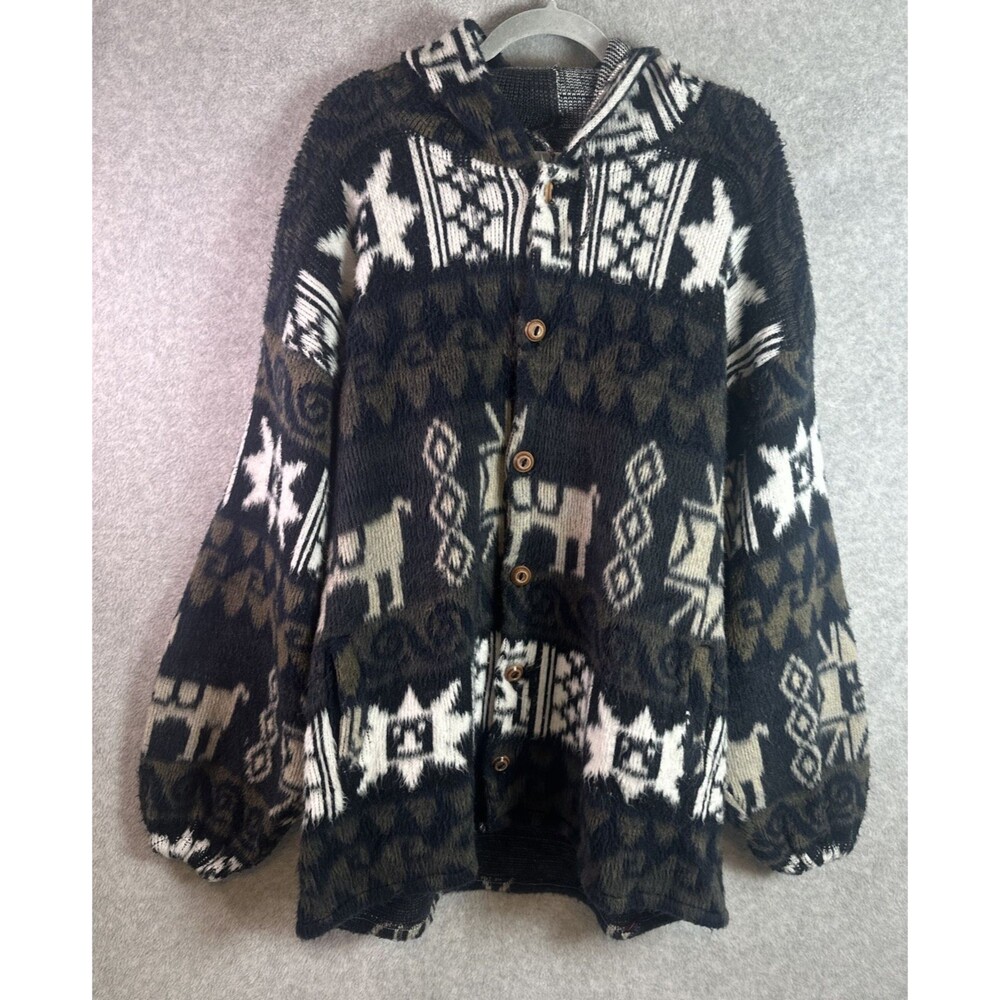 VTG Tejidos Ruminahui Alpaca Wool Hooded Cardigan Sweater Coat Ethnic Llama XL